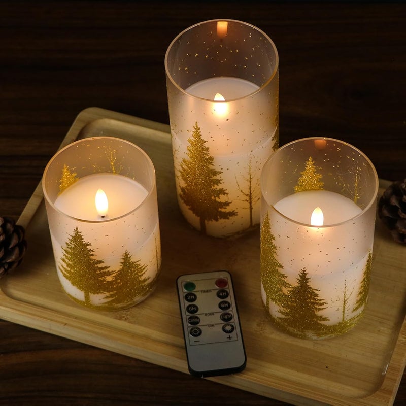 DRomance Christmas Tree Glass Flameless Candles with Remote Timer Battery Operated Real Wax 3D Wick LED Flickering Pillar Candles Christmas Holiday Decor(Gold, 3 x 4,5,6 Inch) - Image 3